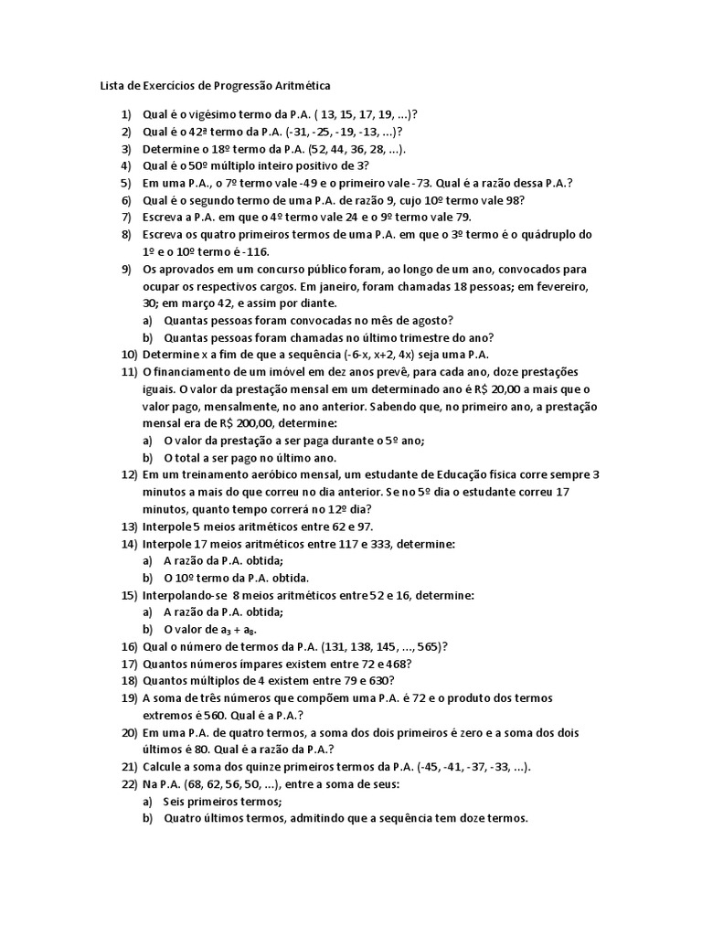 Lista de Exercícios de Progressão Aritmética | PDF