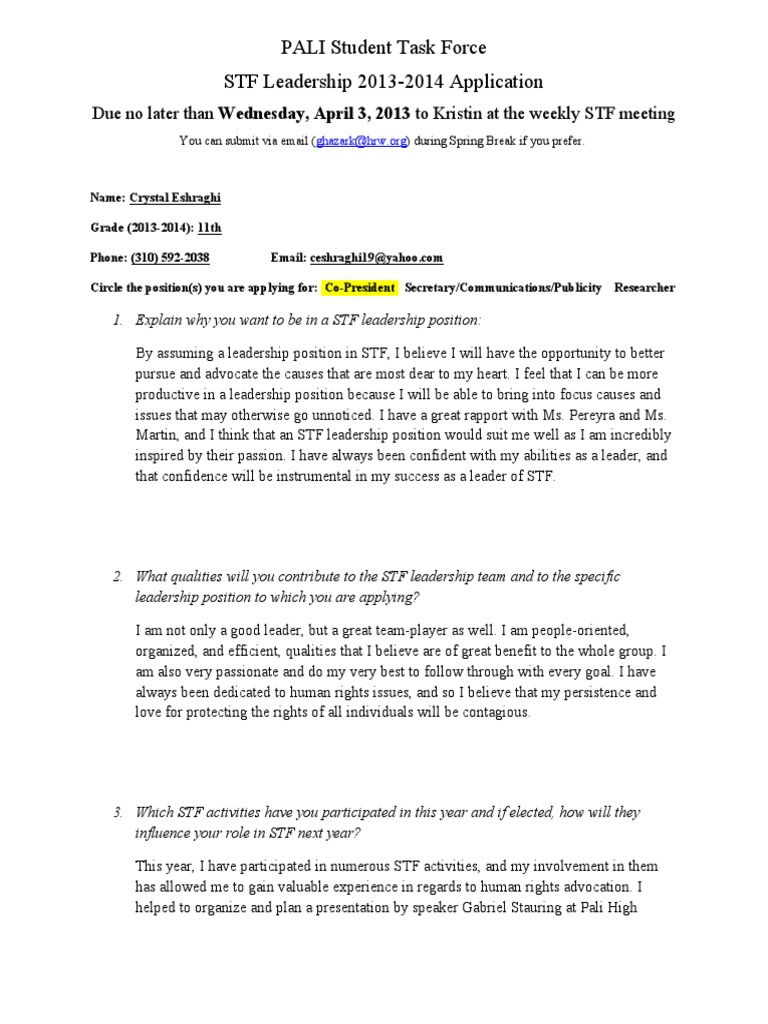 STF Leadership 2013-2014 Application | PDF