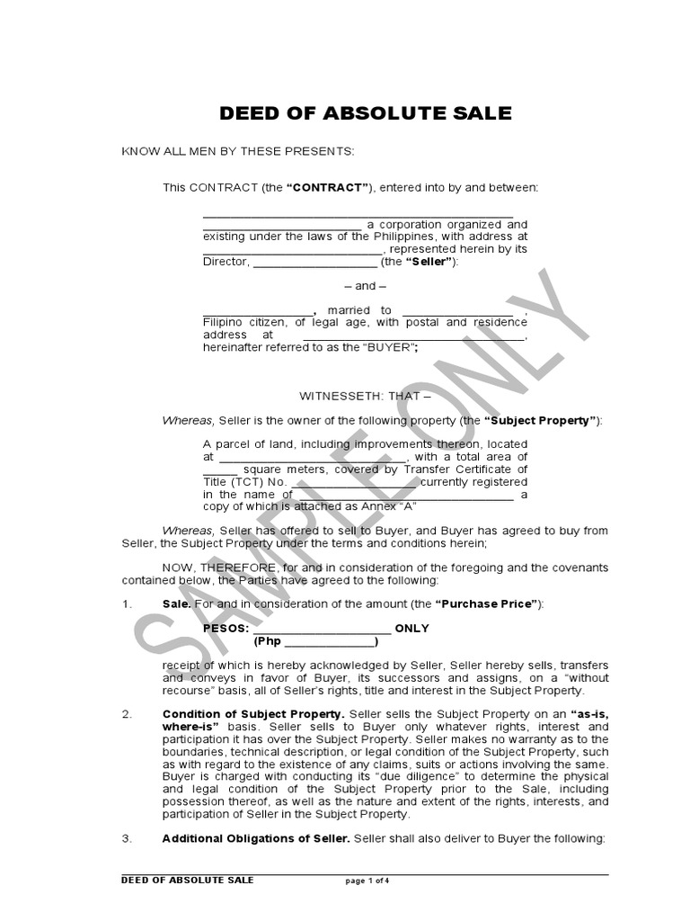 Sample Deed of Absolute Sale Sales Deed Free 30day Trial Scribd
