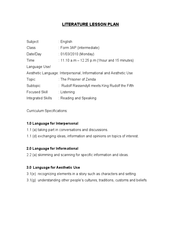 Literature Lesson Plan: The Prisoner of Zenda | PDF | Human ...