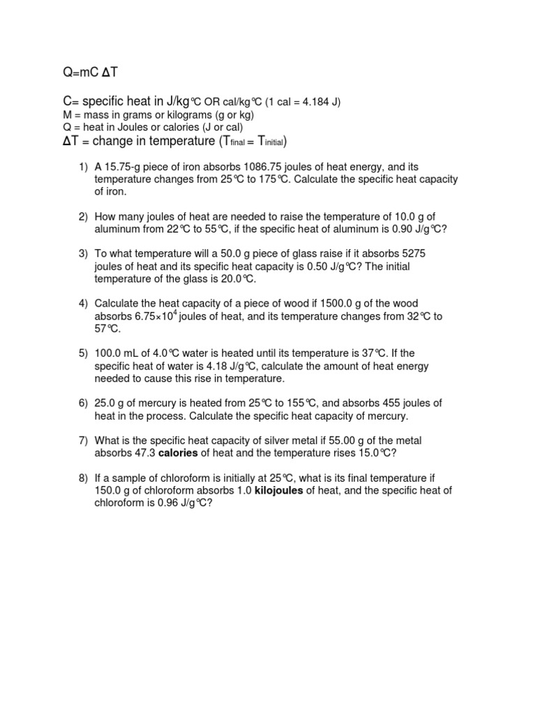 Specific Heat Capacity Calculations | PDF