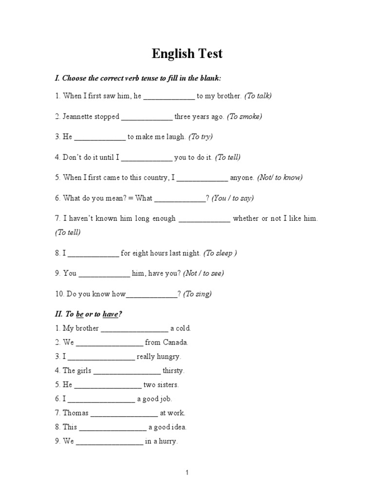 English Test: I. Choose The Correct Verb Tense To Fill in The Blank | PDF