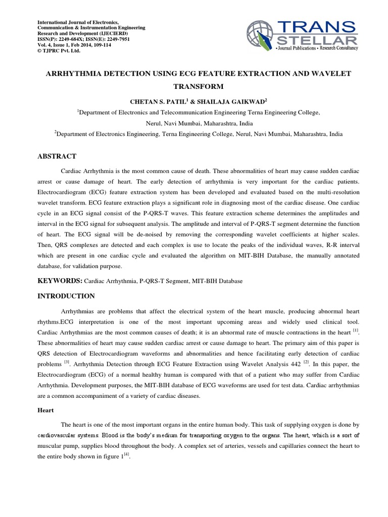 Arrhythmia Detection Using Ecg Feature Extraction and Wavelet Transform ...