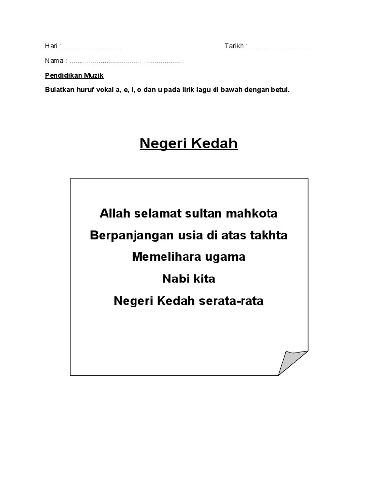 Lembaran Kerja Muzik Lagu Negeri Kedah
