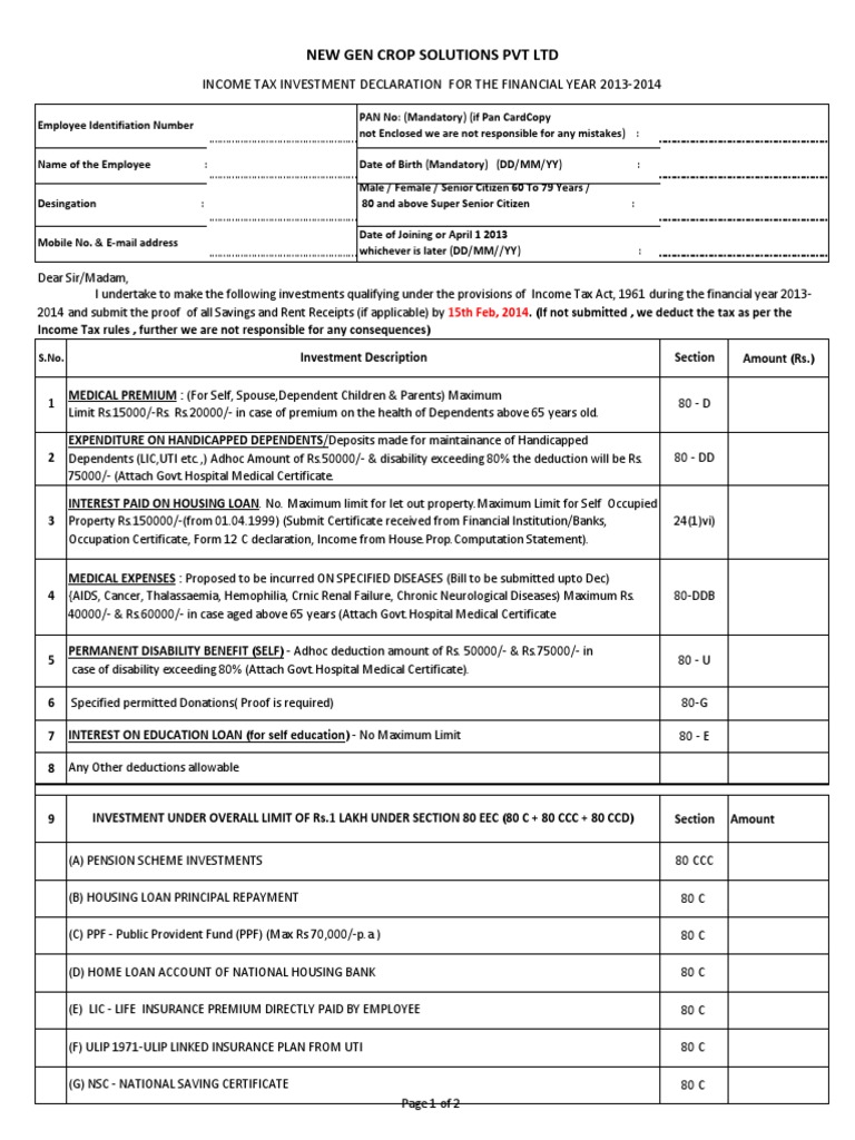 Income Tax Investment Declaration Form | PDF | Renting | Loans