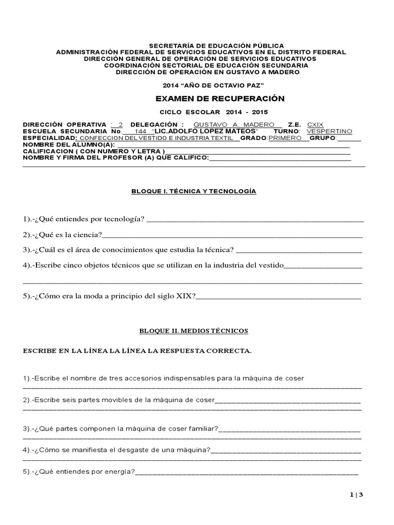 Examenes de Recuperacion PRIMEROS Confeccion Del Vestido | PDF