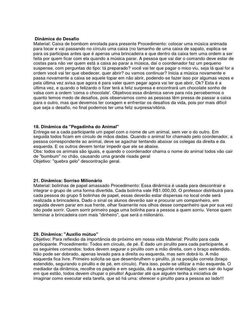 Dinâmica Do Desafio Pdf Chocolate Lazer