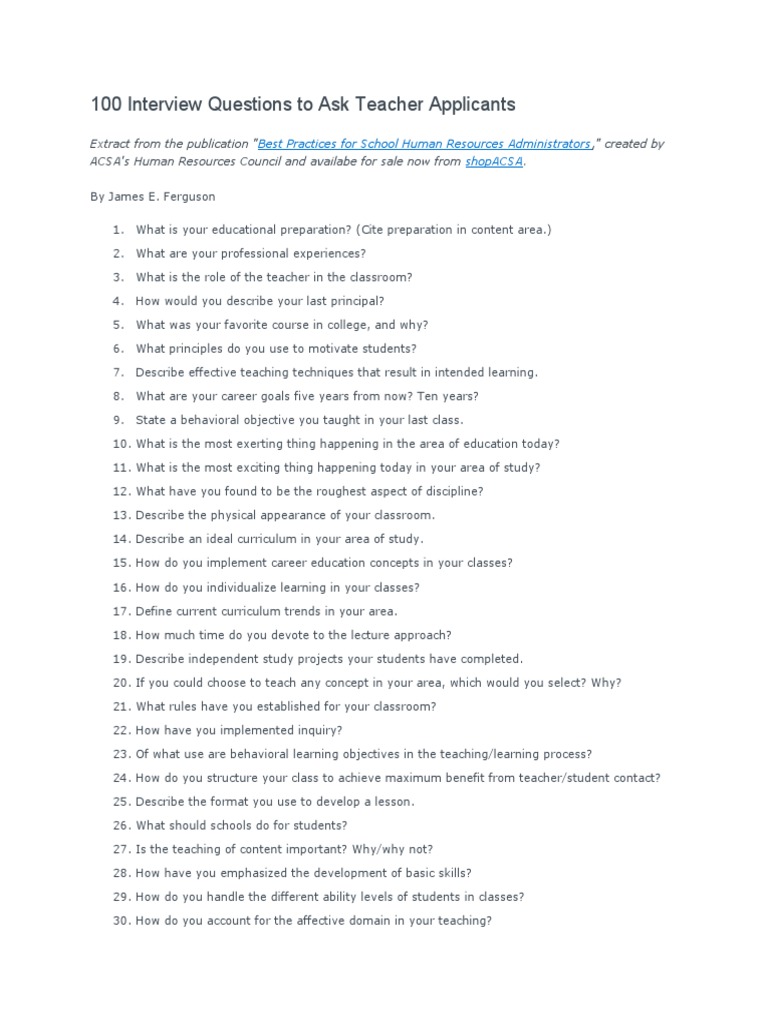 100 Interview Questions To Ask Teacher Applicants PDF Teachers