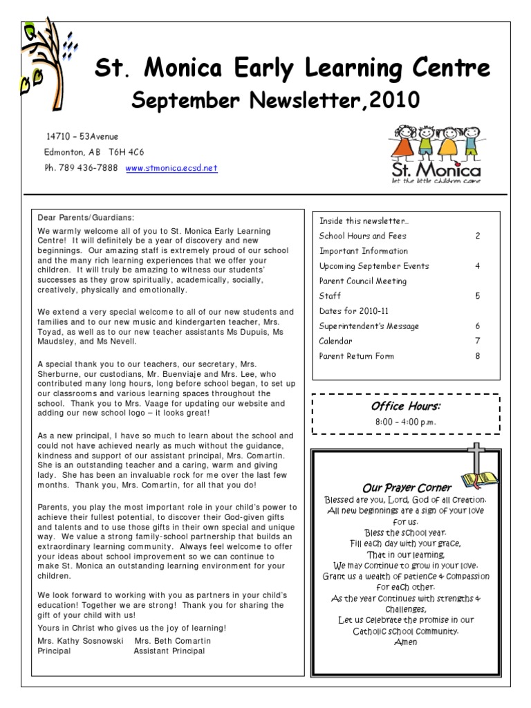 Newsletter Sept. 2010 St. Monica ELC PDF Kindergarten Teachers
