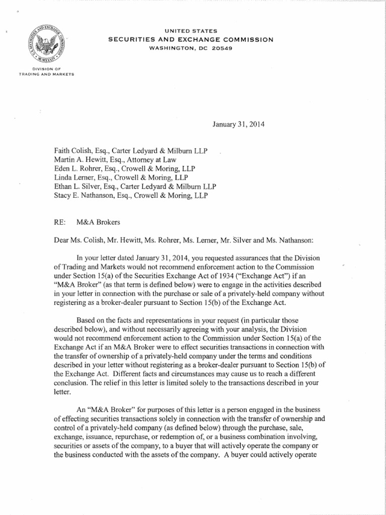 2014.01.31 SEC No Action Letter re M&A Brokers Mergers And