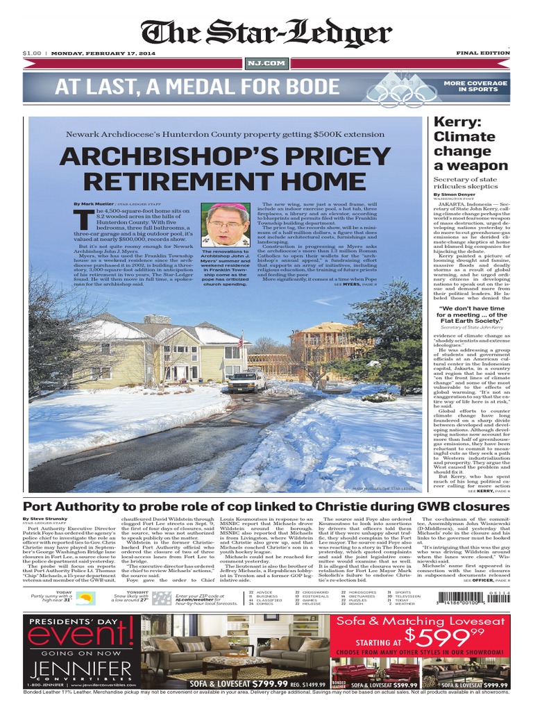 Front page of the Newark, N.J., StarLedger featuring John