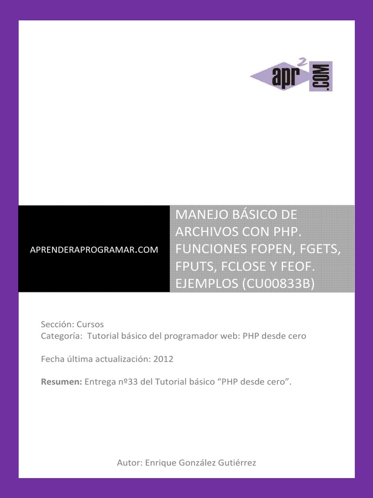 CU00833B Manejo Basico Archivos PHP Fopen Fgets Fputs Fclose Feof ...
