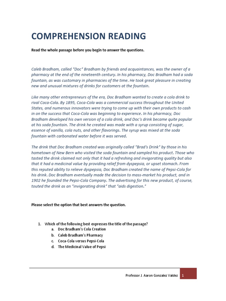 Pepsi Cola Comprehension Reading Pdf Pepsi Soft Drink