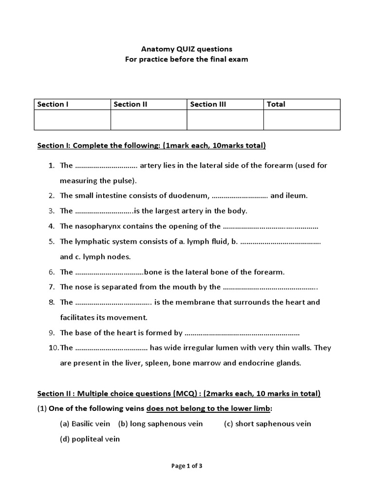 Anatomy Quiz Questions | PDF