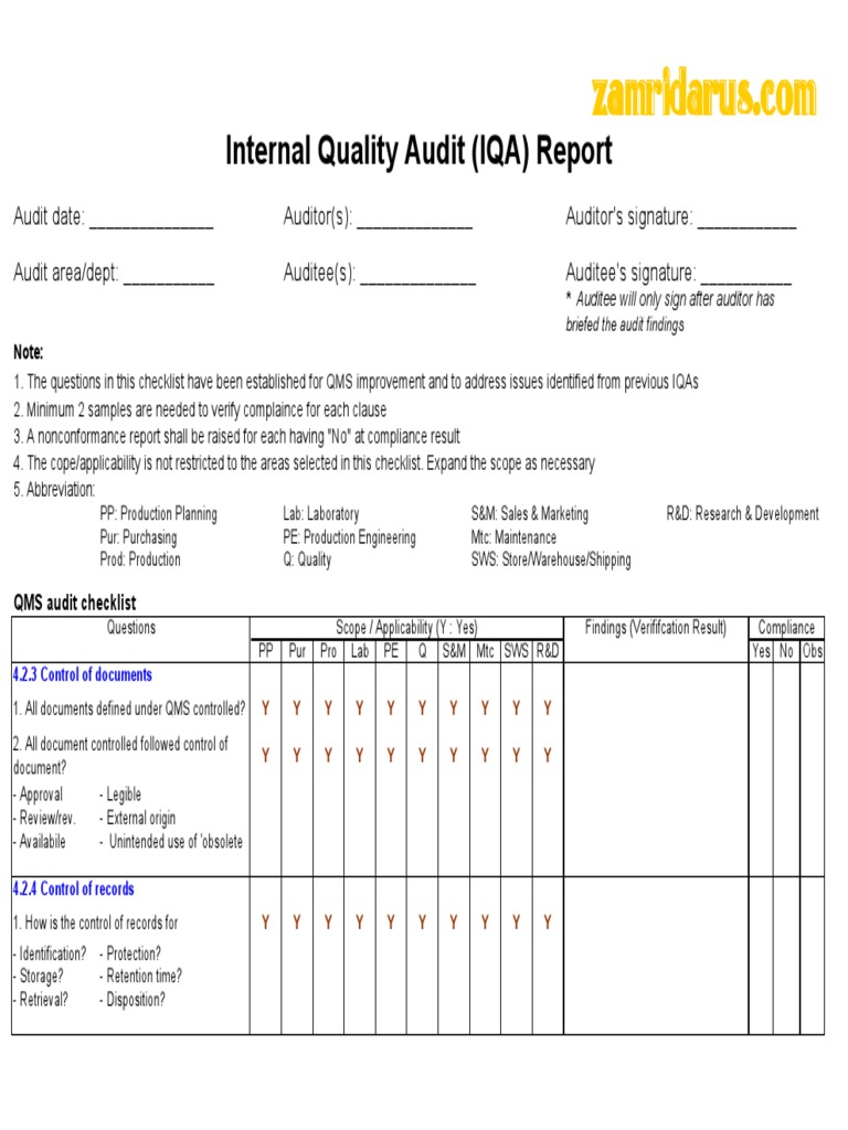 QMS Internal Quality Audit Checklist | PDF | Audit | Accounting And Audit