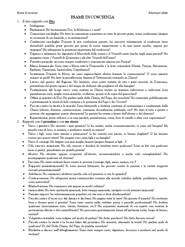 Esame Di Coscienza Schema Per Adulti Peccati Gravi PDF