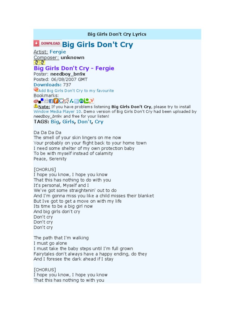 Big Girls Dont Cry Lyric Pdf Song Recordings Produced Billboard Number One Singles