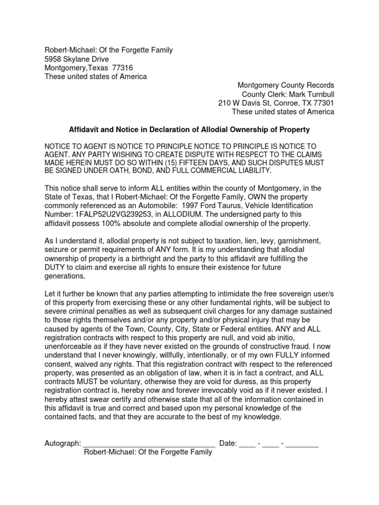 Affidavit of Allodial Custom | PDF | Affidavit | Property