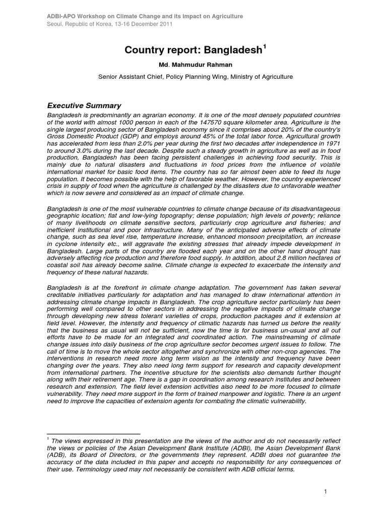 Country Report Bangladesh Executive Summary PDF Agriculture Flood
