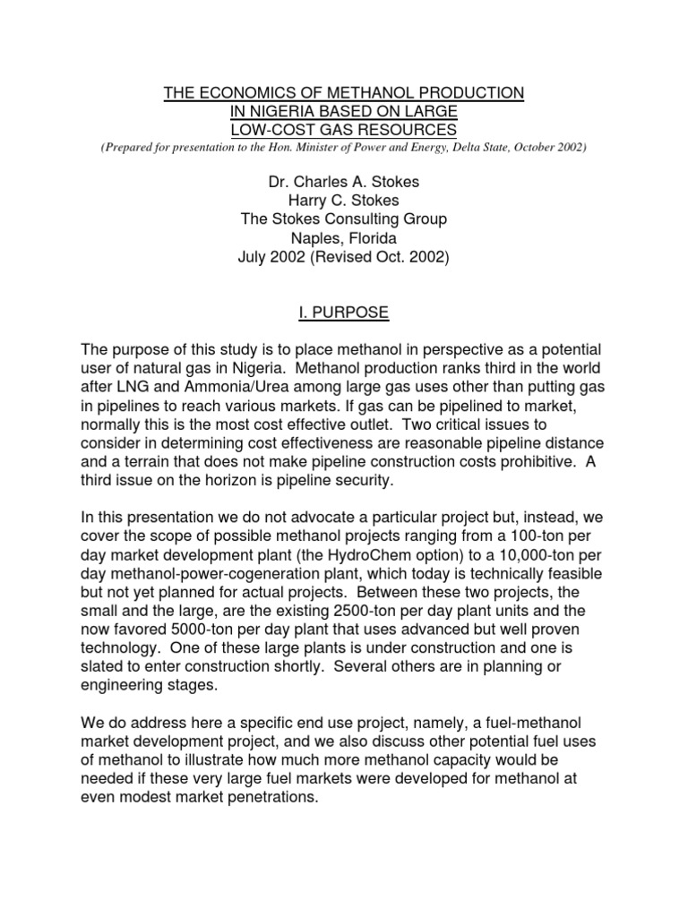 Methanol Production Economics in Nigeria | PDF | Natural Gas ...