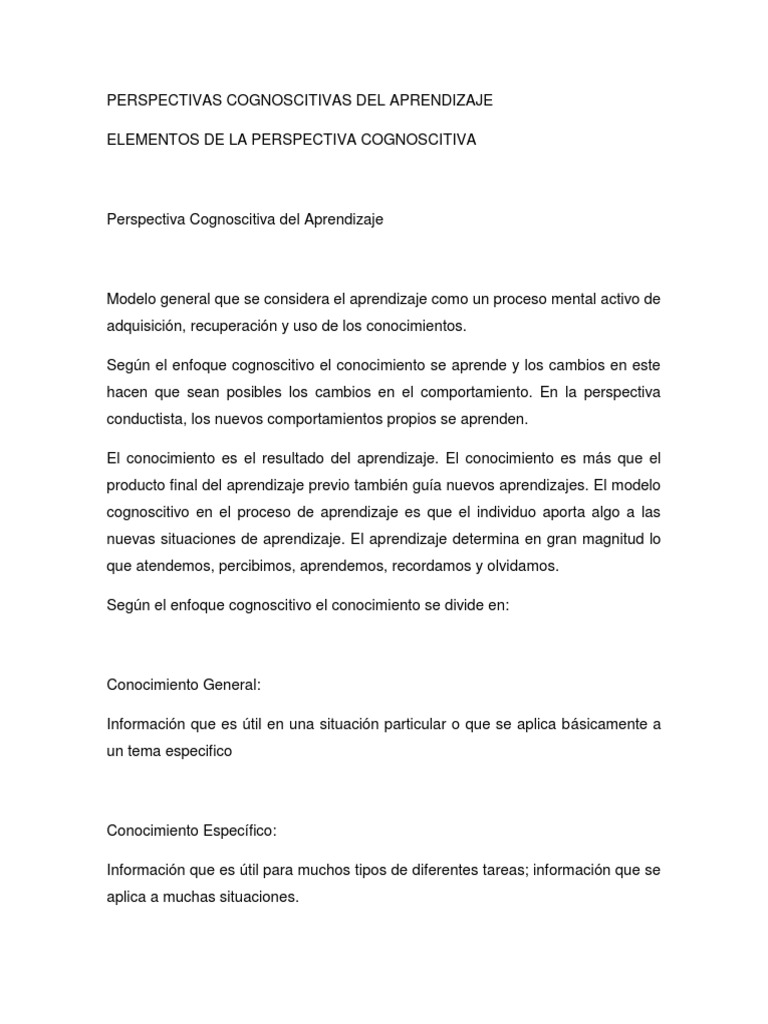 Perspectivas Cognoscitivas del Aprendizaje | PDF | Memoria | Memoria de ...