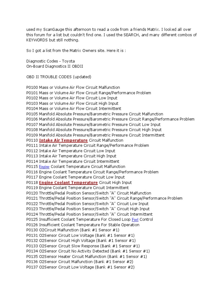 Toyota OBDII Codes for Matrix | PDF