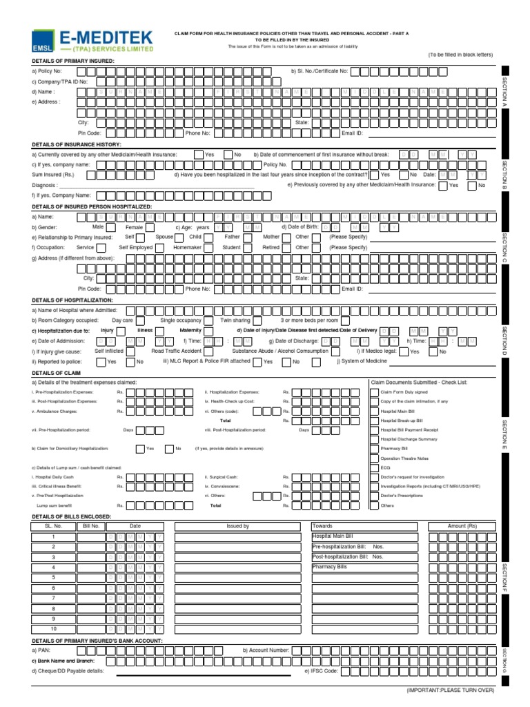 Standard Claim Form Insured Insurance Hospital