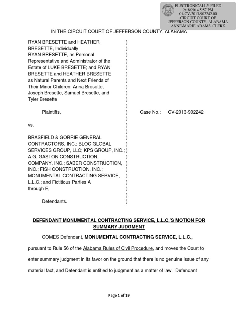 Monumental Contracting Motion For Dismisal PDF Negligence Summary