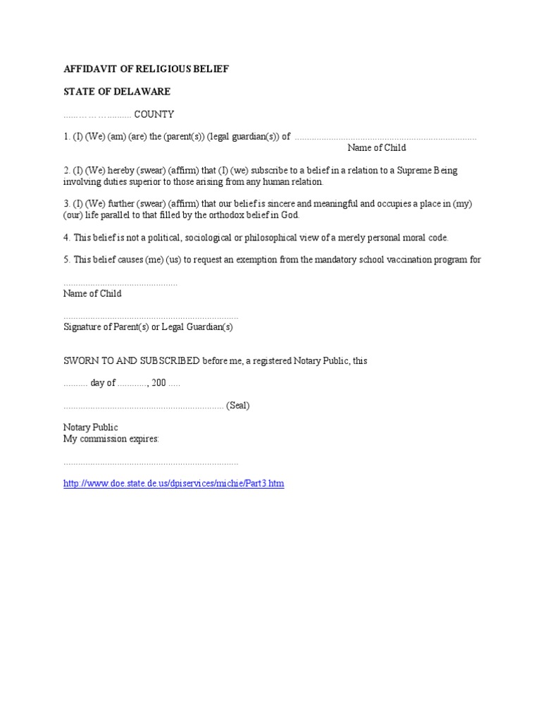 Affidavit of Religious Belief State of Delaware | PDF