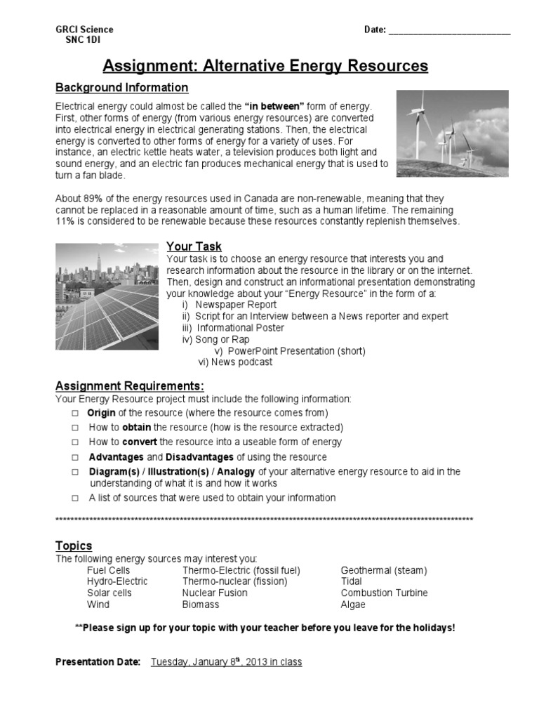 Assignment Energy Resource Project Student PDF Alternative Energy Fuels