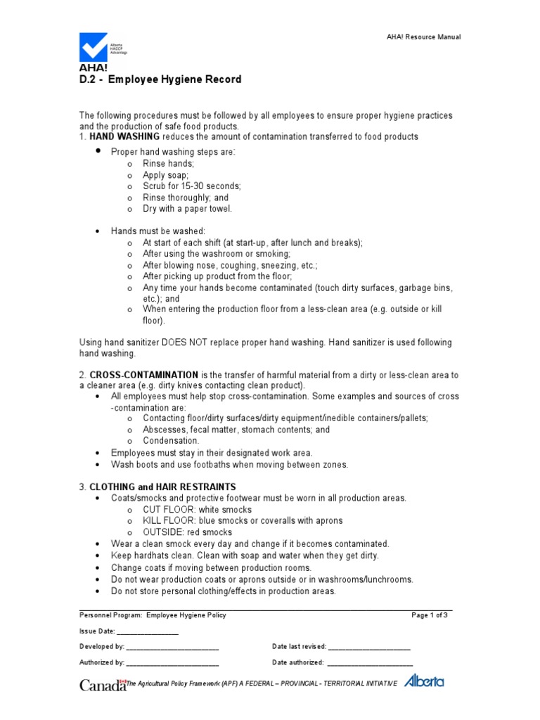 D2 Employee Hygiene Record Hand Washing Clinical Medicine Free 30