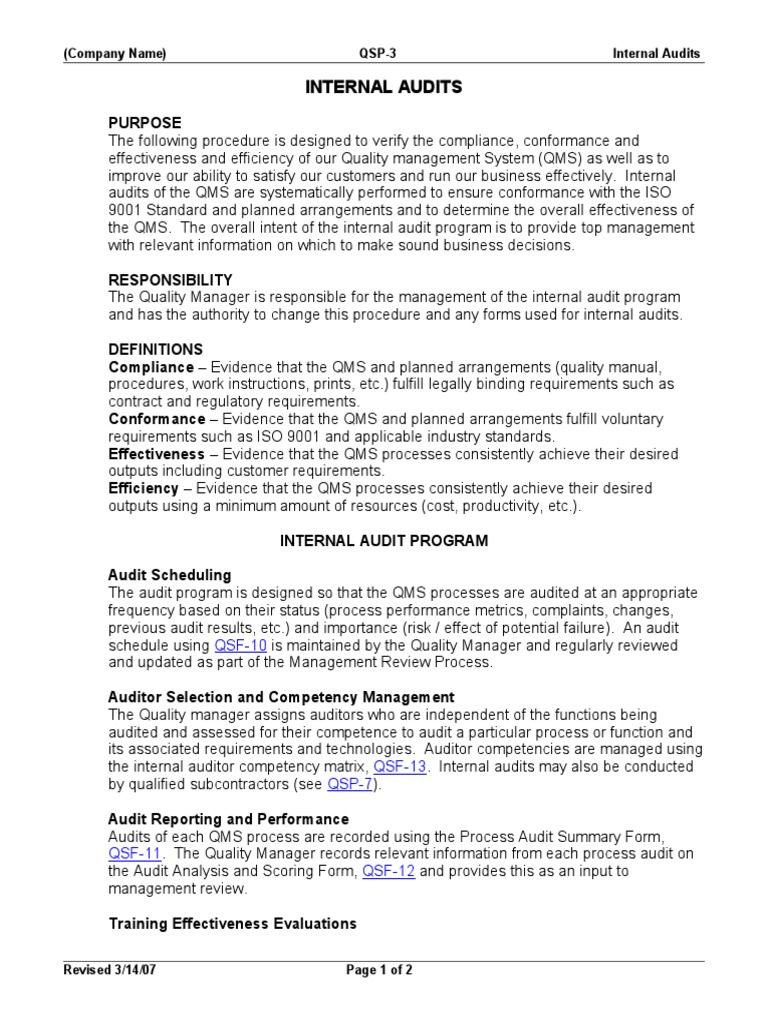 Procedure for Internal Audits Internal Audit Audit