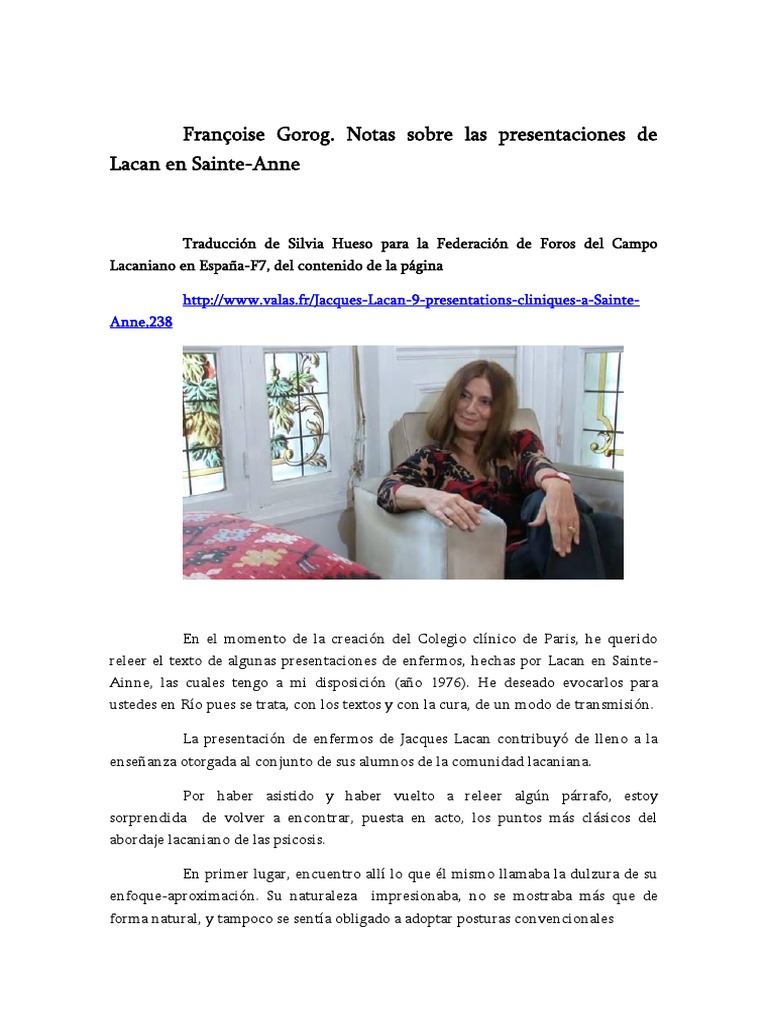 Traducción Entrevista Françoise Gorog PDF Jacques Lacan Conceptos