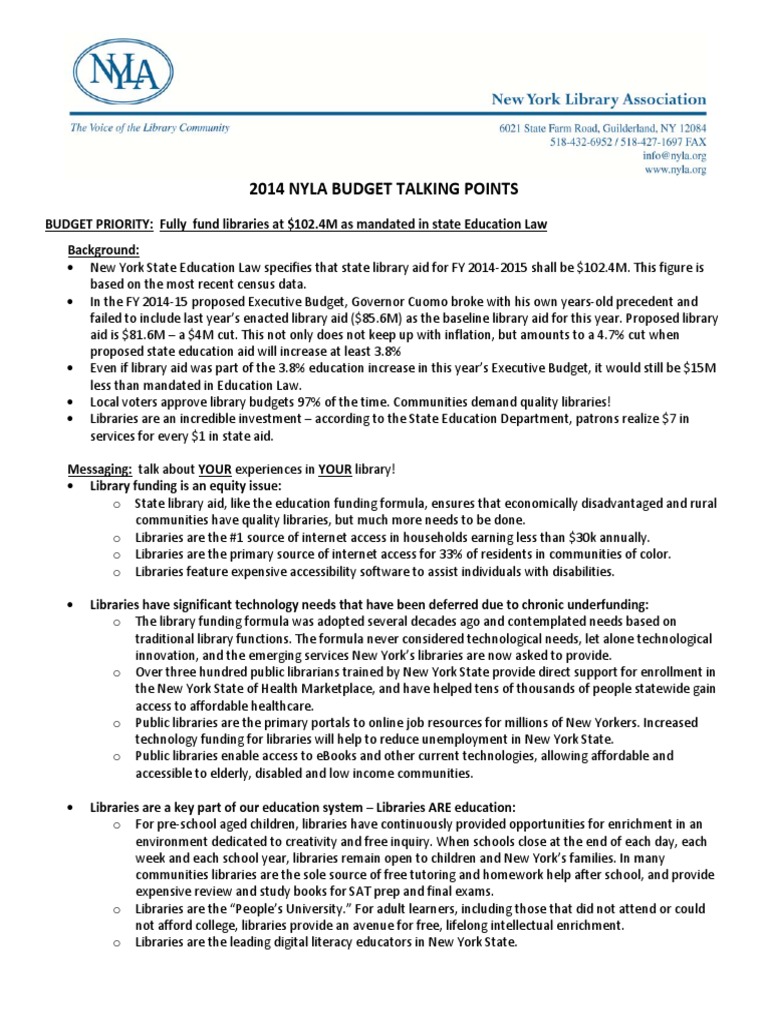 New York Library Association 2014 Budget Talking Points PDF