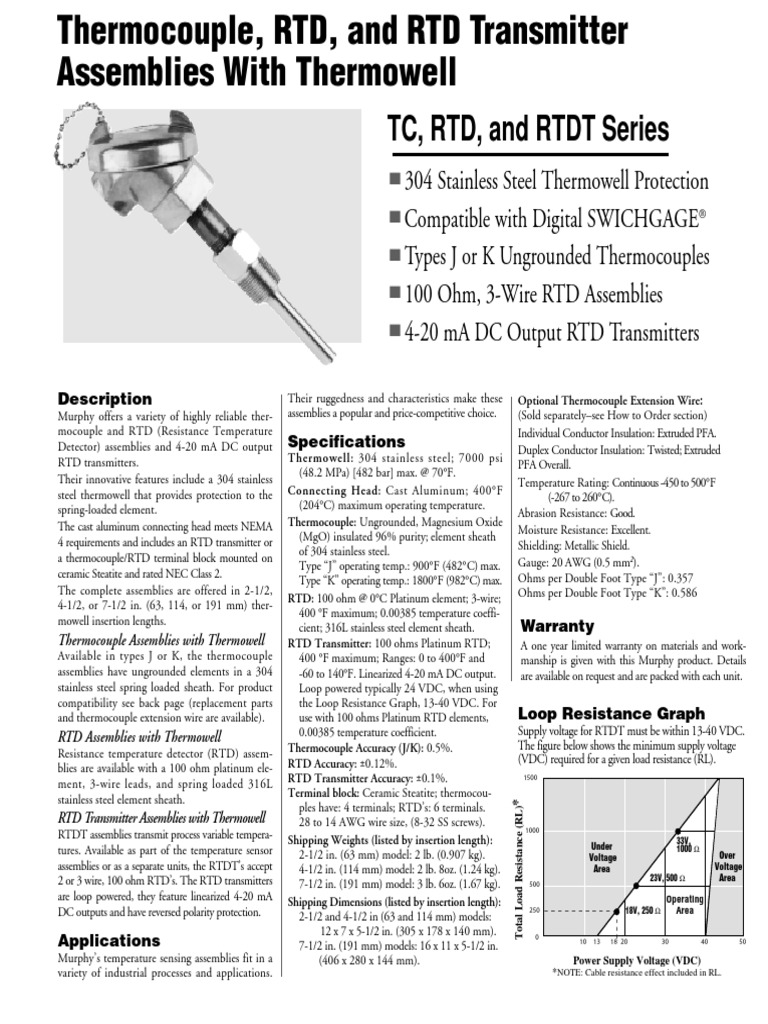 Thermocouple, RTD, and RTD Transmitter Assemblies With Thermowell PDF