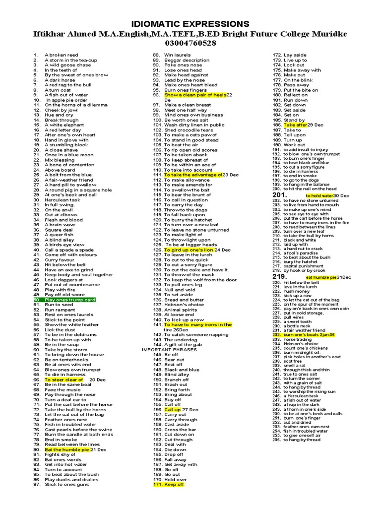Common Idiomatic Expressions List | PDF | Business