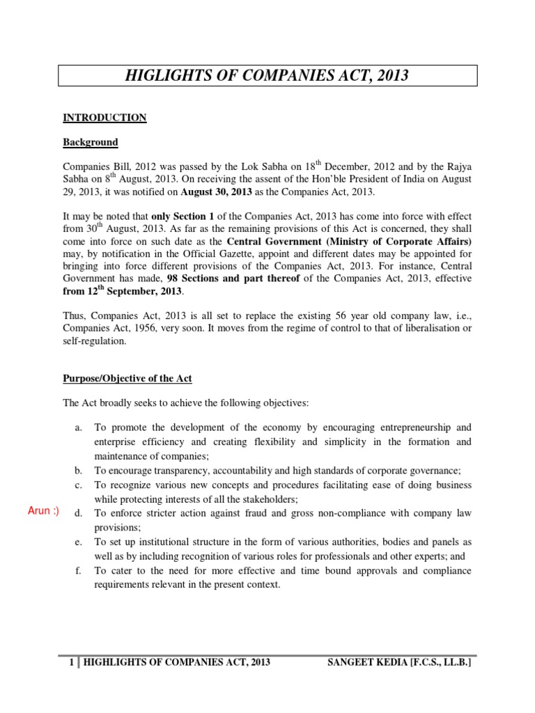 Very Short Notes of Company Act 2013 Board Of Directors Corporate