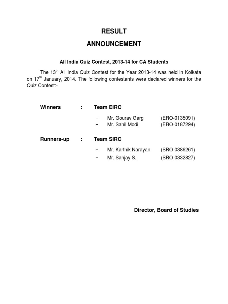 Result Announcement: Winners: Team EIRC | PDF