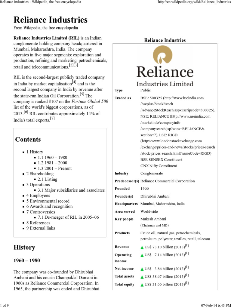 Reliance Industries - Wikipedia, The Free Encyclopedia, PDF, Companies