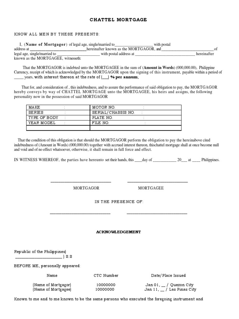 Chattel Mortgage Acknowledgement Mortgage Law Philippines