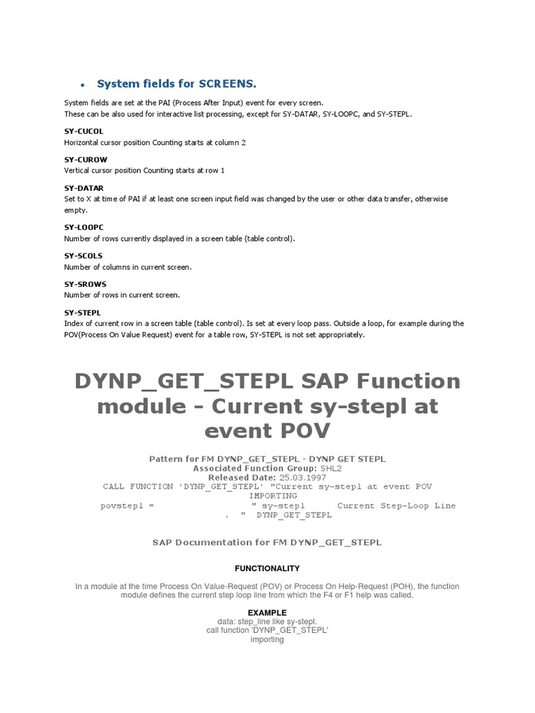 DYNP - GET - STEPL SAP Function Module - Current Sy-Stepl at Event POV ...