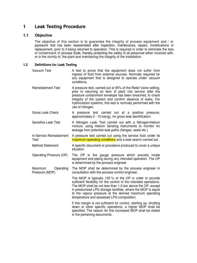 Leak Testing Procedure PDF Leak Pressure
