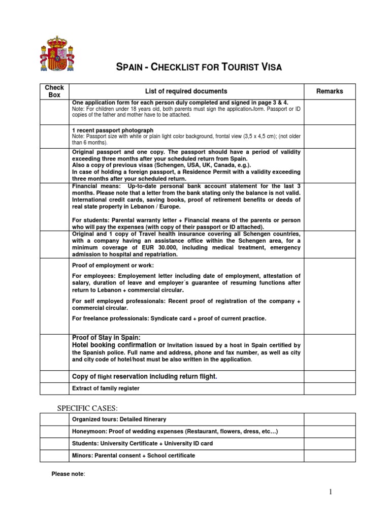 spain tourist visa checklist