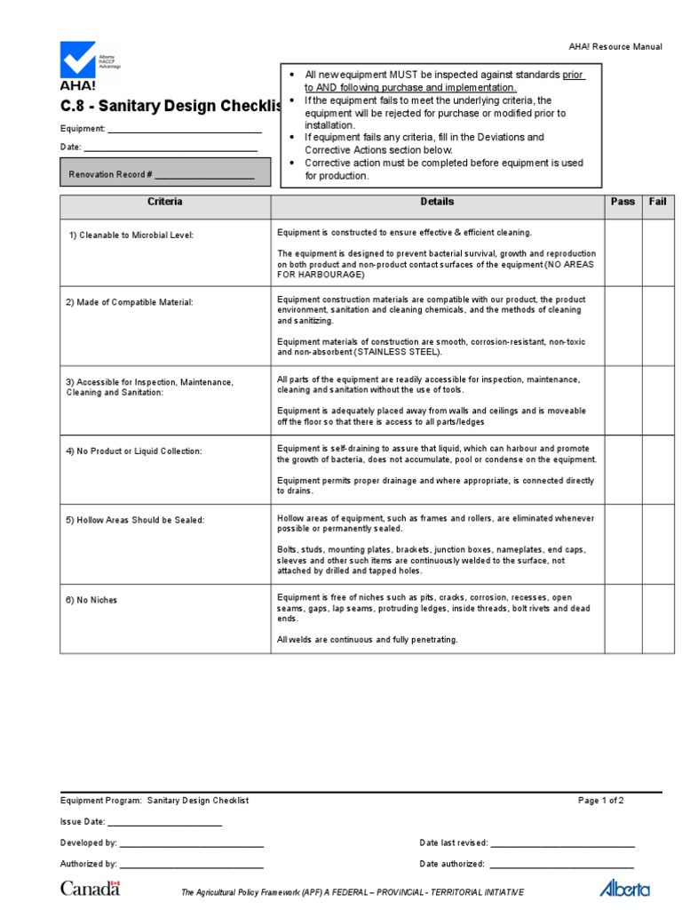 C8 Sanitary Design Checklist PDF Industrial Processes Water