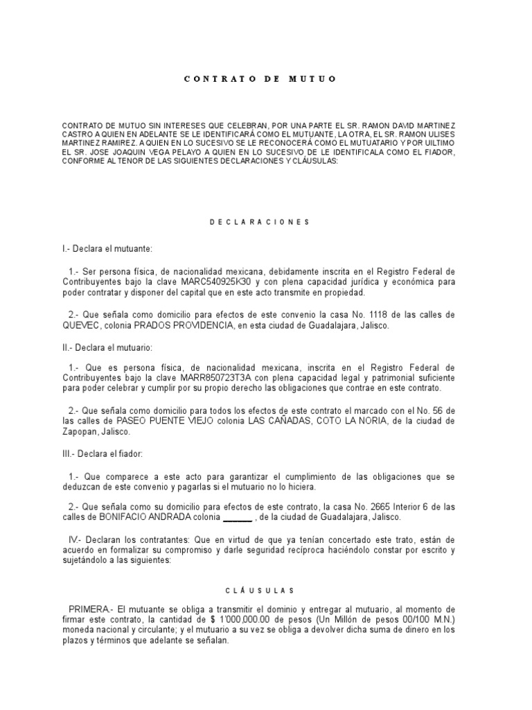 Contrato Mutuo Sin Intereses Ramon Ulises y Hiss Constr Pagos Derecho privado