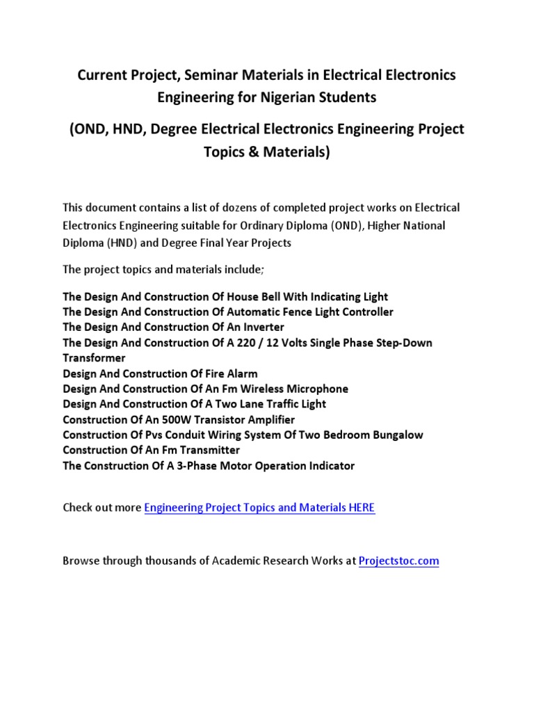 Current Electrical Electronics Engineering Project Topics For Nigerian
