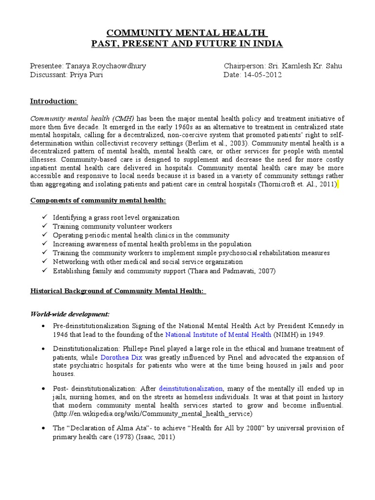 Community Mental Health Past, Present and Future in India | Download ...