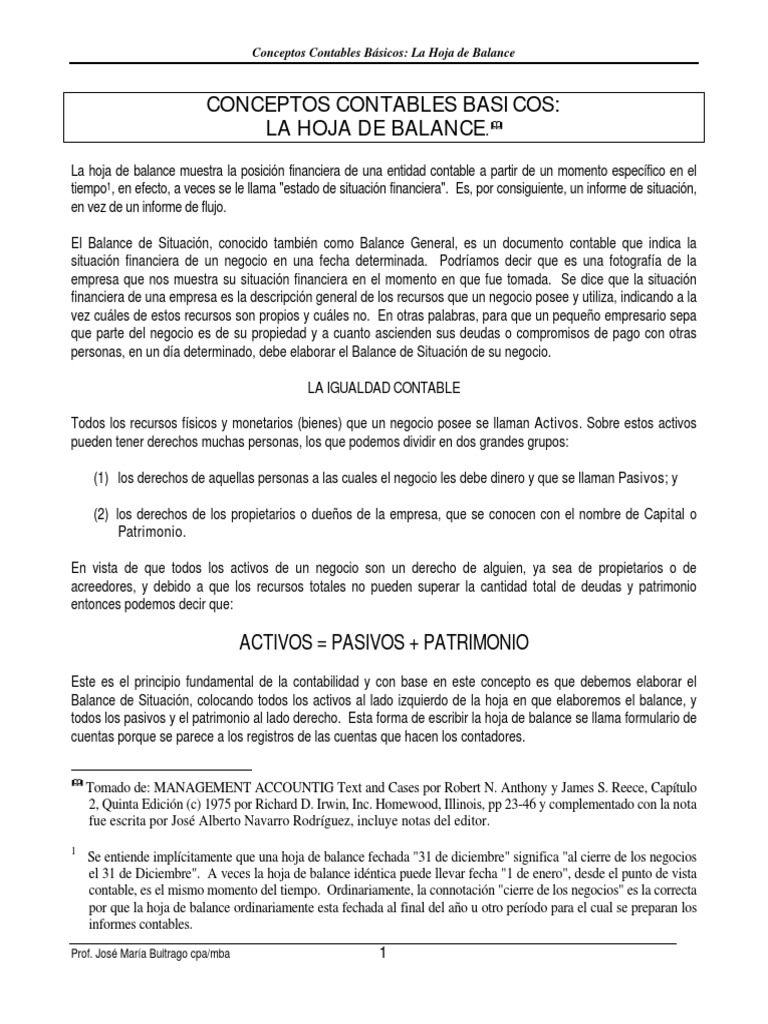 02 Conceptos Contables Básicos La Hoja de Balance PDF | PDF | Hoja de ...
