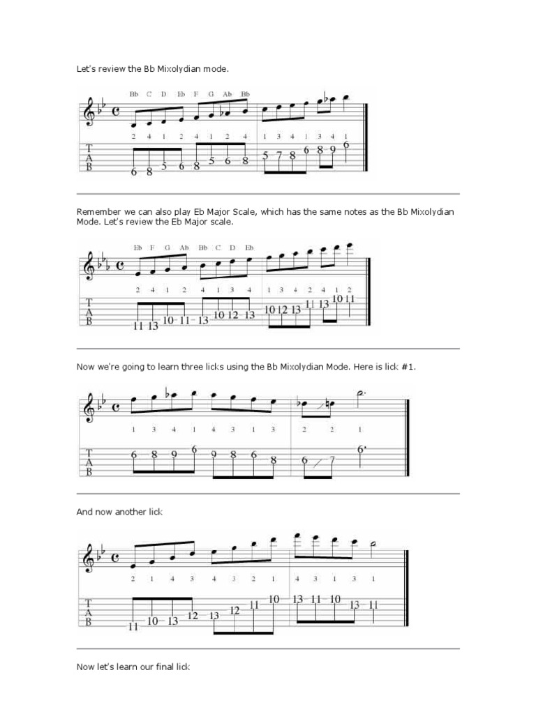 Jazz Guitar Lesson - BB Mixolydian Licks | PDF | Melody | Musical Scales