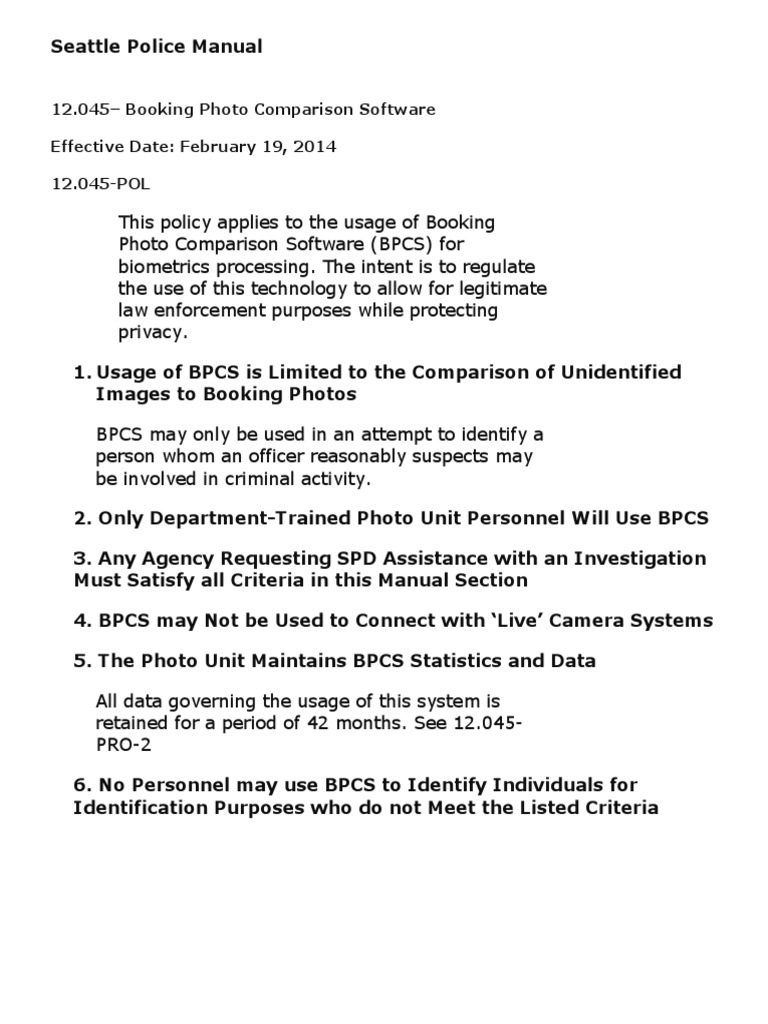 Seattle Police Booking Photo Software Policy | PDF | Business
